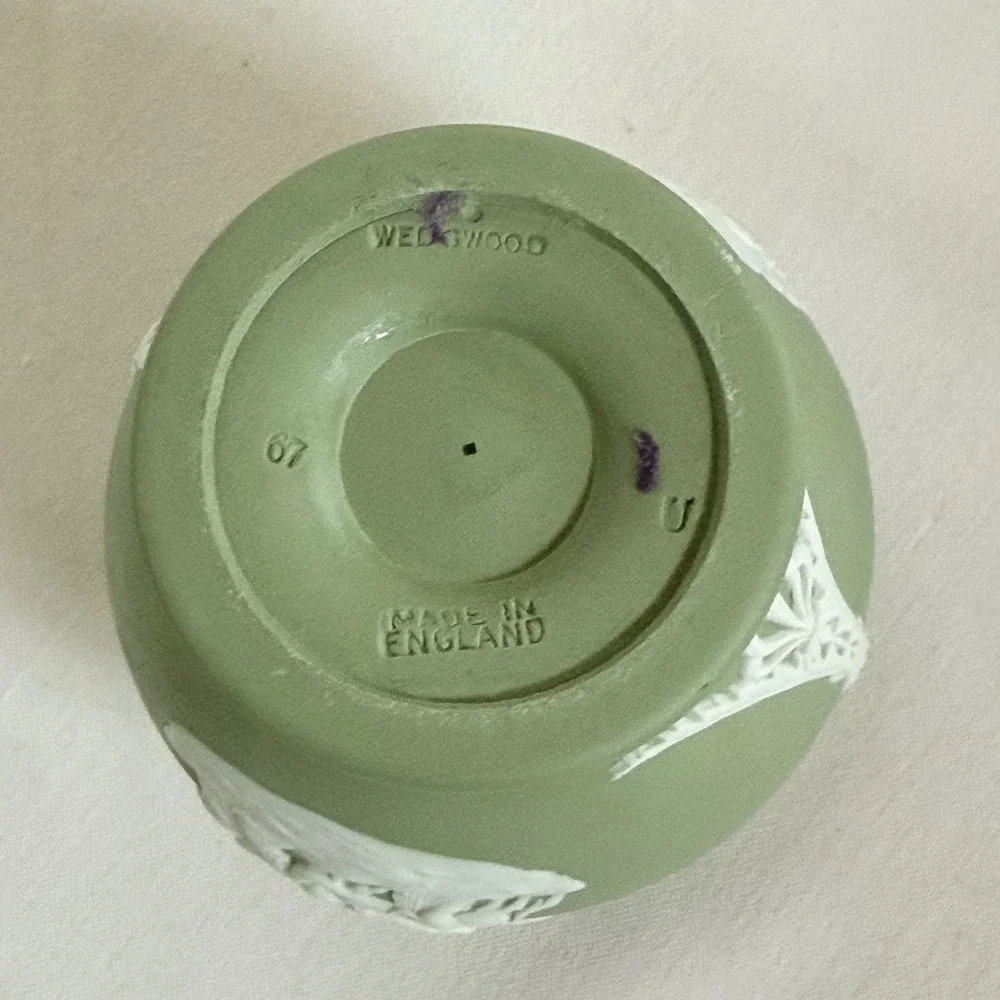 Wedgwood Jasperware Sage Green Small Round Vase Neoclassical Scenes Made in UK